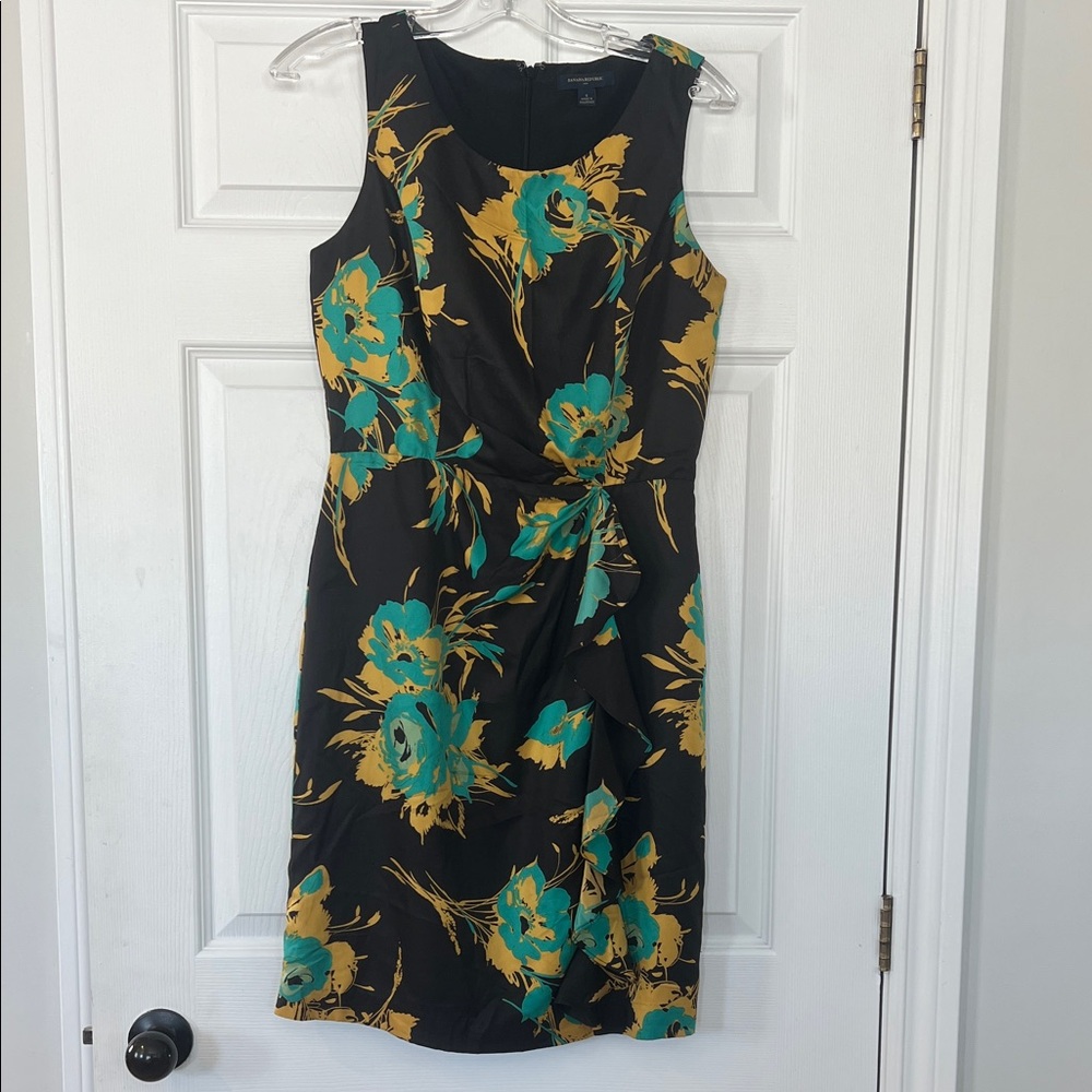 Banana Republic Black Floral Midi Dress with Teal & Mustard Print